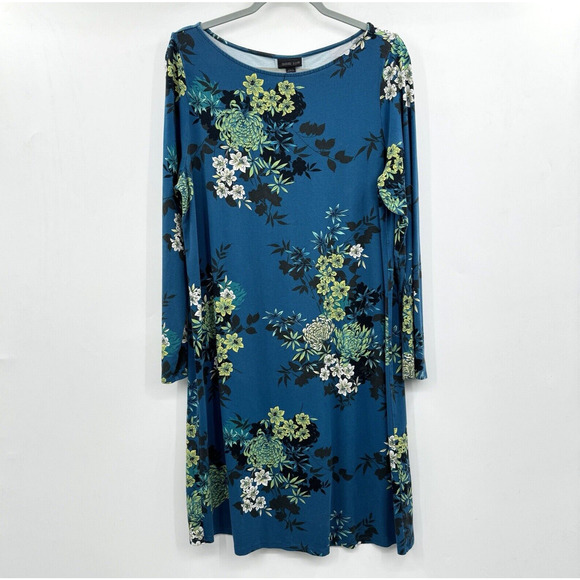 J. Jill Wearever Collection Floral Shift Dress Sz M Blue Rayon Stretch Casual - Picture 1 of 10